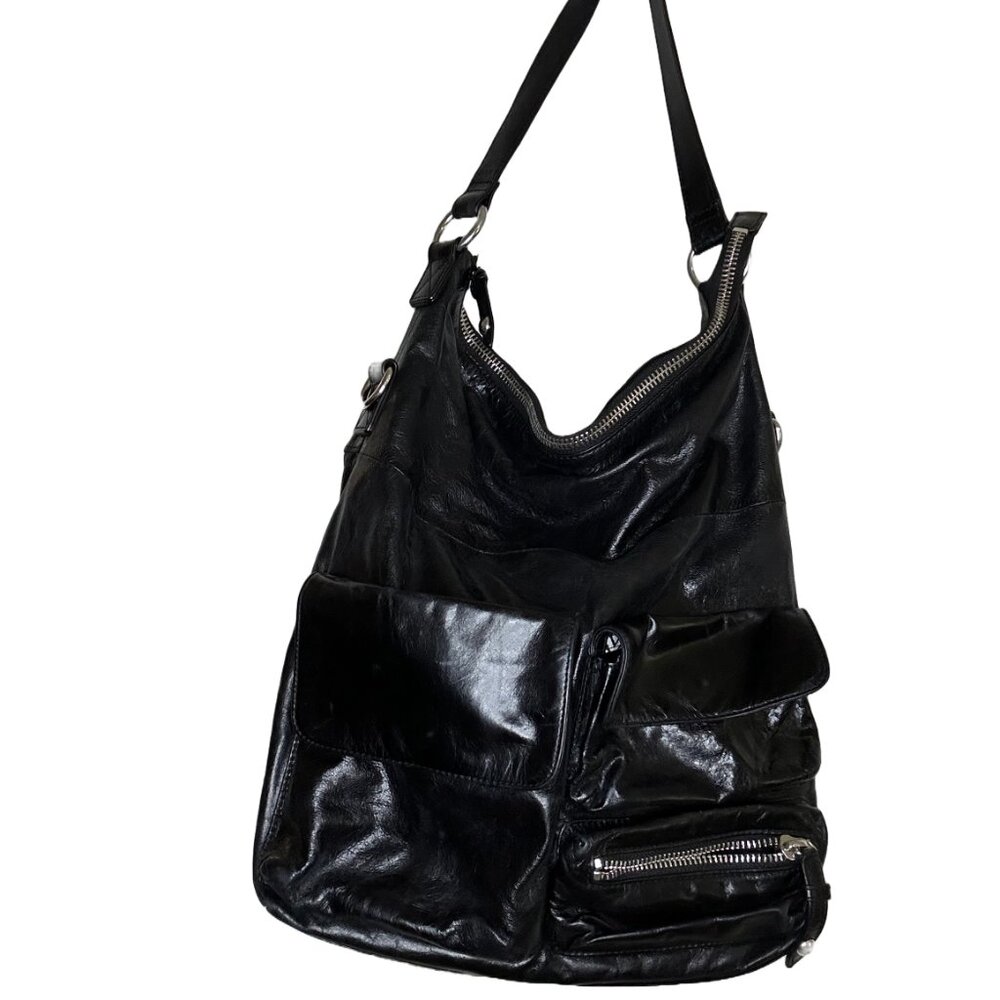HOBO Black Large Leather Shoulder Bag Travel Purse Fold Over Pockets Excellent